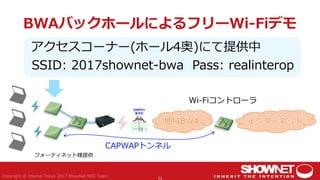 BWAバックホールによるフリーWi-Fiデモ
11
地域BWA
アクセスコーナー(ホール4奥)にて提供中
インターネット
SSID: 2017shownet-bwa Pass: realinterop
Wi-Fiコントローラ
CAPWAPトンネ...