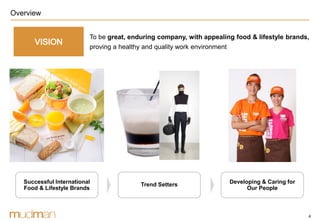 4
Overview
To be great, enduring company, with appealing food & lifestyle brands,
proving a healthy and quality work environment
Successful International
Food & Lifestyle Brands
Trend Setters Developing & Caring for
Our People
 