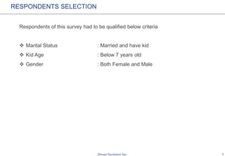 2
RESPONDENTS SELECTION
Respondents of this survey had to be qualified below criteria
 Marital Status : Married and have kid
 Kid Age : Below 7 years old
 Gender : Both Female and Male
 