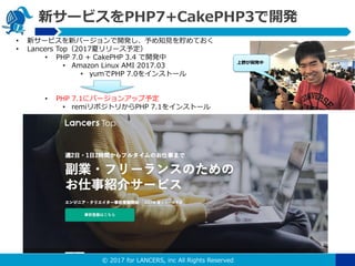 ? 2017 for LANCERS, inc All Rights Reserved
¥`ӥPHP7+CakePHP3_k
? ¥`ӥ¥Щ`_k֪ҊAƤ
? Lancers Top2017ĥ`趨
? PHP 7.0 + CakePHP 3.4 _k
? Amazon Linux AMI 2017.03
? yumPHP 7.0򥤥󥹥ȩ`
? PHP 7.1˥Щ`󥢥å趨
? remiݥȥ꤫PHP 7.1򥤥󥹥ȩ`
Ұ_k
 