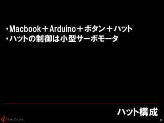 Fusic Co., Ltd.
ハット構成
31
・Macbook＋Arduino＋ボタン＋ハット
・ハットの制御は小型サーボモータ
 