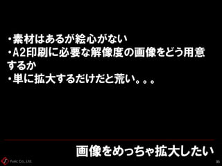 Fusic Co., Ltd.
画像をめっちゃ拡大したい
35
・素材はあるが絵心がない
・A2印刷に必要な解像度の画像をどう用意
するか
・単に拡大するだけだと荒い。。。
 