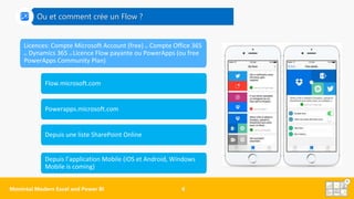 Licences: Compte Microsoft Account (free) ou Compte Office 365
ou Dynamics 365 ou Licence Flow payante ou PowerApps (ou free
PowerApps Community Plan)
Flow.microsoft.com
Powerapps.microsoft.com
Depuis une liste SharePoint Online
Depuis l’application Mobile (iOS et Android, Windows
Mobile is coming)
Ou et comment crée un Flow ?
 