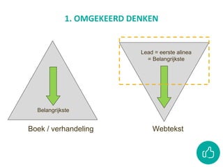 1. OMGEKEERD DENKEN
Boek / verhandeling Webtekst
Belangrijkste
Lead = eerste alinea
= Belangrijkste
 
