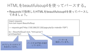 HTMLをbeautifulsoup4を使ってパースする。
• Requestsで取得したHTMLをbeautifulsoup4を使ってパースし
てみましょう。
import requests
from bs4 import Beautiful...