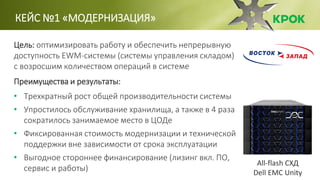 КЕЙС №1 «МОДЕРНИЗАЦИЯ»
Цель: оптимизировать работу и обеспечить непрерывную
доступность EWM-системы (системы управления складом)
с возросшим количеством операций в системе
Преимущества и результаты:
• Трехкратный рост общей производительности системы
• Упростилось обслуживание хранилища, а также в 4 раза
сократилось занимаемое место в ЦОДе
• Фиксированная стоимость модернизации и технической
поддержки вне зависимости от срока эксплуатации
• Выгодное стороннее финансирование (лизинг вкл. ПО,
сервис и работы)
All-flash СХД
Dell EMC Unity
 