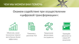 ЧЕМ МЫ МОЖЕМ ВАМ ПОМОЧЬ
Предложим
финансовые
инструменты
Поможем с
расчетом TCO
Проведём
обучение по
новым ИТ-
решениям
Окажем содействие при осуществлении
«цифровой трансформации»:
Объясним, какие
технологии помогут
вести бизнес более
эффективно
 