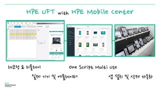 HPE UFT with HPE Mobile Center
레코딩 & 리플레이
실제 기기 및 에뮬레이터
One Script Multi Use
앱 설치 및 삭제 자동화
 