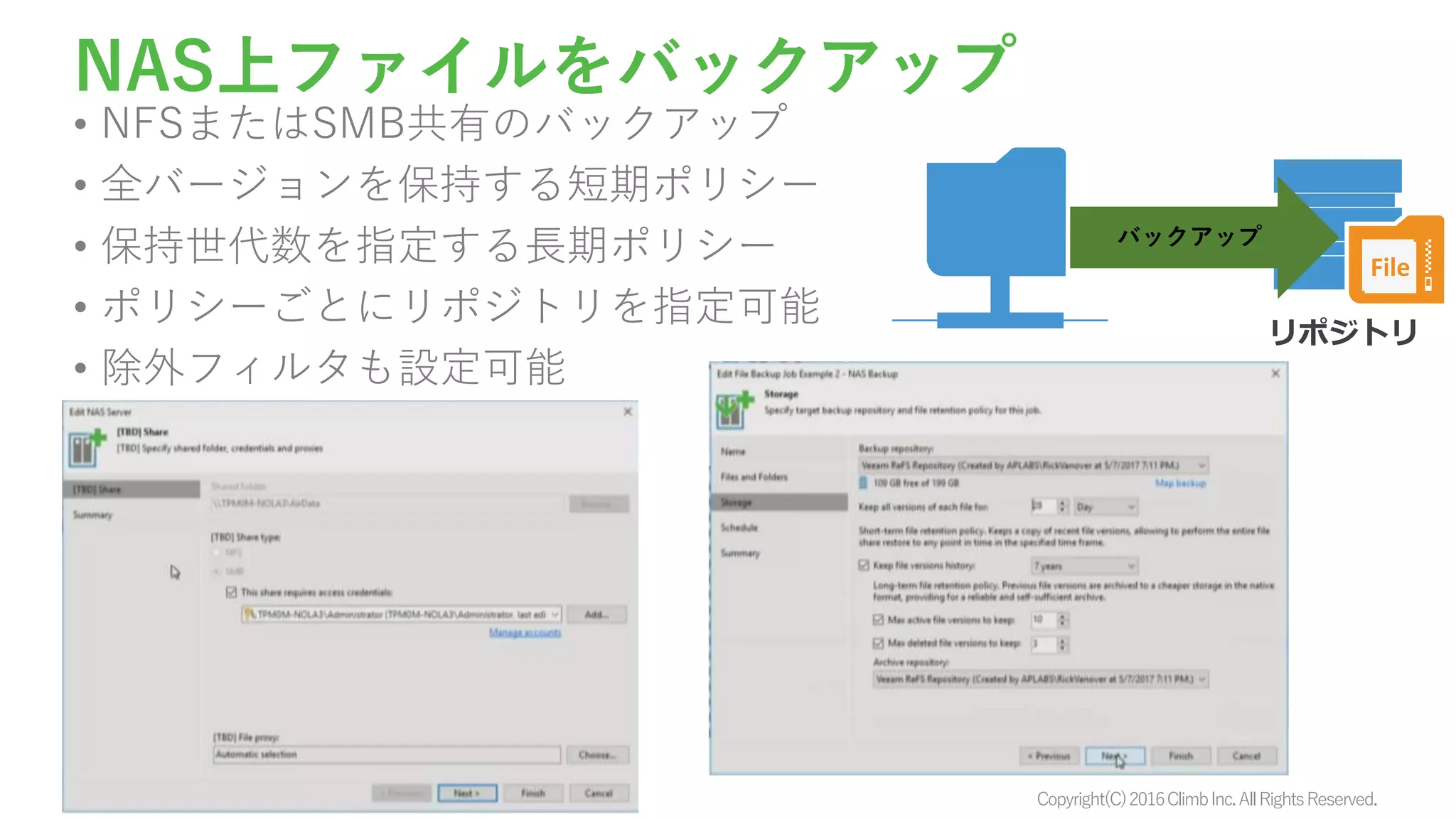 Copyright(C)2016ClimbInc.AllRightsReserved.
NAS上ファイルをバックアップ
• NFSまたはSMB共有のバックアップ
• 全バージョンを保持する短期ポリシー
• 保持世代数を指定する長期ポリシー
• ポリシーごとにリポジトリを指定可能
• 除外フィルタも設定可能
バックアップ
File
 