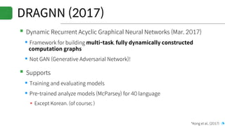 DRAGNN (2017)
▪Dynamic Recurrent Acyclic Graphical Neural Networks (Mar. 2017)
▪Framework for building multi-task, fully dynamically constructed
computation graphs
▪Not GAN (Generative Adversarial Network)!
▪Supports
▪Training and evaluating models
▪Pre-trained analyze models (McParsey) for 40 language
▪ Except Korean. (of course; )
*Kong et al., (2017)
 