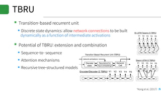TBRU
▪Transition-based recurrent unit
▪Discrete state dynamics: allow network connections to be built
dynamically as a function of intermediate activations
▪Potential of TBRU: extension and combination
▪Sequence-to- sequence
▪Attention mechanisms
▪Recursive tree-structured models
Encoder/Decoder (2 TBRU)
Bi-LSTM Tagging (3 TBRU)
Y1 Y2 Y3 Y4 Y5
Y1 Y2 Y3 Y4 Y5
Transition Based Recurrent Unit (TBRU)
Network
Cell
Discrete
state
Recurrence fcn
Input embeddings
network activations
Figure 1: High level schematic of a Transition-Based Recurrent Unit (T
Encoder/Decoder (2 TBRU)
Bi-LSTM Tagging (3 TBRU)
Y1 Y2 Y3 Y4 Y5
Y1 Y2 Y3 Y4 Y5
Stack-LSTM (2 TBRU)
Y1 Y2 Y3 Y4 Y5
Transition Based Recurrent Unit (TBRU)
Network
Cell
Discrete
state
Recurrence fcn
Input embeddings
network activations
Figure 1: High level schematic of a Transition-Based Recurrent Unit (TBRU), and common network
Encoder/Decoder (2 TBRU)
Bi-LSTM Tagging (3 TBRU)
Y1 Y2 Y3 Y4 Y5
Y1 Y2 Y3 Y4 Y5
Transition Based Recurrent Unit (TBRU)
Network
Cell
Discrete
state
Recurrence fcn
Input embeddings
network activations
Figure 1: High level schematic of a Transition-Based Recurrent Unit (TBRU
architectures that can be implemented with multiple TBRUs. The discrete s
recurrences and ﬁxed input embeddings, which are then fed through a network c
an action which is used to update the discrete state (dashed output) and provid
consumed through recurrences (solid output). Note that we present a slightly sim
LSTM (Dyer et al., 2015) for clarity.
NLP problems; Dyer et al. (2015); Lample et al.
(2016); Kiperwasser and Goldberg (2016); Zhang
et al. (2016); Andor et al. (2016), among others.
We generalize these approaches with a new ba-
tures by providing a ﬁn
puts that ‘attend’ to relev
space. Unlike recursive
et al., 2010, 2011) DRAG*Kong et al., (2017)
 