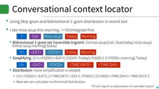 Conversational context locator
▪Using Skip-gram and bidirectional 1-gram distribution in recent text
▪I ate miso soup this morning. => Disintegrate first
▪Bidirectional 1-gram set (reversible trigram): {(I,miso soup),Eat}, {(eat,today),miso soup},
{(miso soup,morning),today}
▪Simplifying: {(<I>,<FOOD>),<EAT>}, {(<EAT>,Today),<FOOD>}, {(<FOOD>,morning),Today}
▪Distribution: more simplification is needed
▪ {(<I>,<FOOD>), <EAT>}, {(<TIME:DATE>,<EAT>), <FOOD>}, {(<FOOD>,<TIME:DAY>),< TIME:DATE>}
▪ Now we can calculate multinomial distribution
I Today MorningMiso soupEat
<I> Today Morning<FOOD><EAT>
<I> <TIME:DATE> <TIME:DAY><FOOD><EAT>
*I’ll use trigram as abbreviation of reversible trigram
 