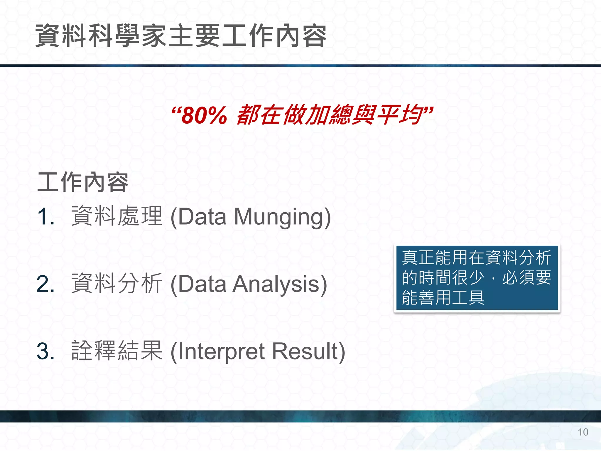 “80% 都在做加總與平均”
工作內容
1. 資料處理 (Data Munging)
2. 資料分析 (Data Analysis)
3. 詮釋結果 (Interpret Result)
資料科學家主要工作內容
真正能用在資料分析
的時間很少，必須要
能善用工具
10
 