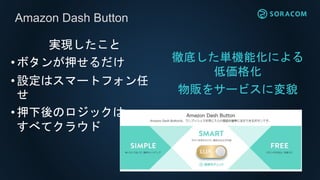 Amazon Dash Button
実現したこと
•ボタンが押せるだけ
•設定はスマートフォン任
せ
•押下後のロジックは
すべてクラウド
徹底した単機能化による
低価格化
物販をサービスに変貌
 