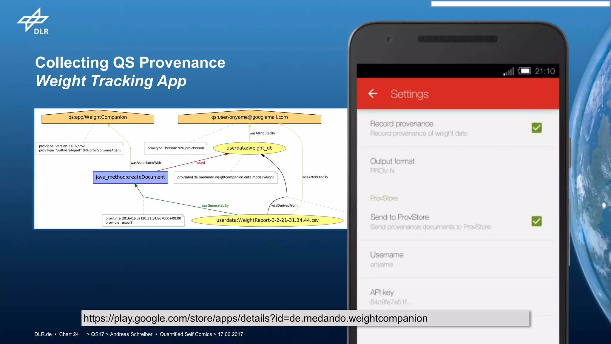 > QS17 > Andreas Schreiber • Quantified Self Comics > 17.06.2017DLR.de • Chart 24
Collecting QS Provenance
Weight Tracking App
https://play.google.com/store/apps/details?id=de.medando.weightcompanion
 