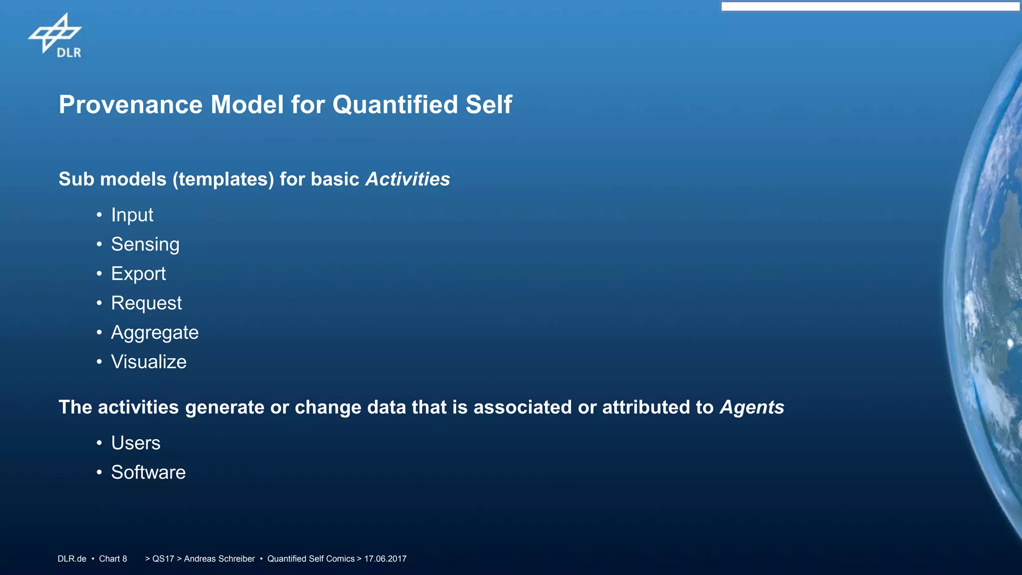 > QS17 > Andreas Schreiber • Quantified Self Comics > 17.06.2017DLR.de • Chart 8
Provenance Model for Quantified Self
Sub models (templates) for basic Activities
• Input
• Sensing
• Export
• Request
• Aggregate
• Visualize
The activities generate or change data that is associated or attributed to Agents
• Users
• Software
 