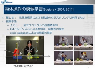 物体操作の模倣学習[Sugiura+ 2007, 2011]
• 難しさ： 世界座標系における軌道のクラスタリングは有効でない
• 提案手法
– 入力： 全オブジェクトの位置時系列
– EMアルゴリズムによる参照点・座標系の推定
– cross-validationによる状態数の推定
“AをBにのせる”
19
 