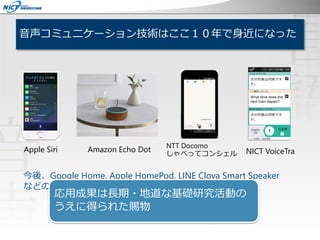 音声コミュニケーション技術はここ１０年で身近になった
今後、Google Home, Apple HomePod, LINE Clova Smart Speaker
などの発売が予定されている
Apple Siri
NTT Docomo
しゃべってコンシェル
Amazon Echo Dot NICT VoiceTra
応用成果は長期・地道な基礎研究活動の
うえに得られた賜物
 