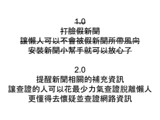 1.0
打臉假新聞
讓懶人可以不會被假新聞所帶風向
安裝新聞小幫手就可以放心了
2.0
提醒新聞相關的補充資訊
讓查證的人可以花最少力氣查證脫離懶人
更懂得去懷疑並查證網路資訊
 