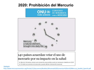 2020: Prohibición del Mercurio
TRATADO:
http://www.mercuryconvention.org/Portals/11/documents/Booklets/Minamata%20Convention%20on%20Mercury_booklet_Spanish.pdf
 