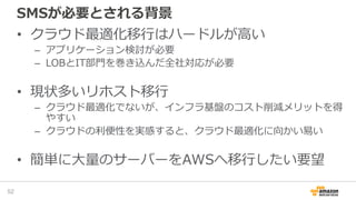 SMSが必要とされる背景
• クラウド最適化移行はハードルが高い
– アプリケーション検討が必要
– LOBとIT部門を巻き込んだ全社対応が必要
• 現状多いリホスト移行
– クラウド最適化でないが、インフラ基盤のコスト削減メリットを得
やすい
– クラウドの利便性を実感すると、クラウド最適化に向かい易い
• 簡単に大量のサーバーをAWSへ移行したい要望
52
 