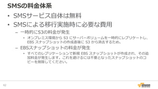 SMSの料金体系
• SMSサービス自体は無料
• SMSによる移行実施時に必要な費用
– 一時的にS3の料金が発生
• オンプレミス環境から S3 にサーバーボリュームを一時的にレプリケートし、
EBS スナップショットの作成直後に S3 から消去するため。
– EBSスナップショットの料金が発生
• すべてのレプリケーションで新規 EBS スナップショットが作成され、その追
加料金が発生します。これを避けるには不要となったスナップショットのコ
ピーを削除してください。
62
 