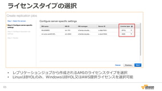 ライセンスタイプの選択
65
• レプリケーションジョブから作成されるAMIのライセンスタイプを選択
• LinuxはBYOLのみ、WindowsはBYOL又はAWS提供ライセンスを選択可能
 