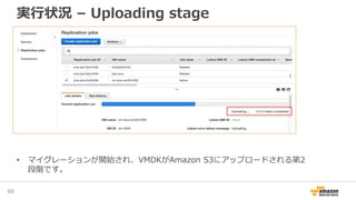 実行状況 – Uploading stage
68
• マイグレーションが開始され、VMDKがAmazon S3にアップロードされる第2
段階です。
 