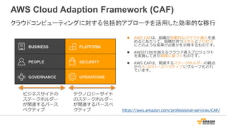 AWS Cloud Adaption Framework (CAF)
https://aws.amazon.com/professional-services/CAF/
 AWS CAFは、組織が効果的なクラウド導入を進
めるにあたって、組織が持つスキルとプロセス
にどのような変革が必要かを示唆するものです。
 AWSが100を越えるクラウド導入プロジェクト
を実施してきた経験に基づくものです。
 AWS CAFは、関連するステークホルダーの観点
から６つのパースペクティブにグループ化され
ています。
クラウドコンピューティングに対する包括的アプローチを活用した効率的な移行
ビジネスサイドの
ステークホルダー
が関連するパース
ペクティブ
テクノロジーサイド
のステークホルダー
が関連するパースペ
クティブ
 