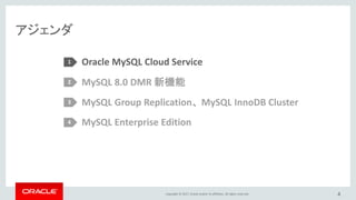 Copyright © 2017, Oracle and/or its affiliates. All rights reserved.
アジェンダ
4
Oracle MySQL Cloud Service
MySQL 8.0 DMR 新機能
MySQL Group Replication、 MySQL InnoDB Cluster
MySQL Enterprise Edition
1
2
3
4
 