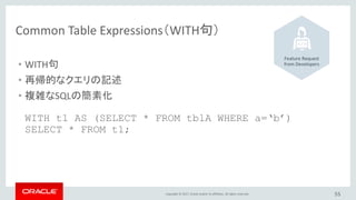 Copyright © 2017, Oracle and/or its affiliates. All rights reserved. 55
Common Table Expressions（WITH句）
• WITH句
• 再帰的なクエリの記述
• 複雑なSQLの簡素化
WITH t1 AS (SELECT * FROM tblA WHERE a=‘b’)
SELECT * FROM t1;
Feature Request
from Developers
 