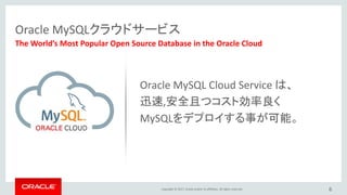 Copyright © 2017, Oracle and/or its affiliates. All rights reserved.
Oracle MySQLクラウドサービス
6
The World’s Most Popular Open Source Database in the Oracle Cloud
Oracle MySQL Cloud Service は、
迅速,安全且つコスト効率良く
MySQLをデプロイする事が可能。
 