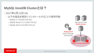Copyright © 2017, Oracle and/or its affiliates. All rights reserved.
MySQL InnoDB Clusterとは？
• 2017年4月12日 GA
– 以下の製品を個別にインストールすることで使用可能
• MySQL 5.7.18 (2017-04-10)
• MySQL Router 2.1.3 (2017-04-12)
• MySQL Shell 1.0.9 (2017-04-12)
75
App Servers with
MySQL Router
MySQL Group Replication
MySQL Shell
Setup, Manage,
Orchestrate
 