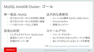 Copyright © 2017, Oracle and/or its affiliates. All rights reserved. 84
単一製品: MySQL
• 全てのコンポーネントを同時に開発
• 全てのコンポーネントを同時に検証
• 一つのパッケージとして提供
近代的な柔軟性
• C++ 11 (ISO標準 ISO/IEC 14882:2011)
• Protocol Buffers
• 開発フレンドリー
MySQL InnoDB Cluster: ゴール
容易な利用
• シングルクライアント: MySQL Shell
• 容易なパッケージング
• 同種のサーバー群
スケールアウト
• シャード・クラスター
• Nレプリカセットのフェデレーテッド構成
• 各レプリカセットによるシャードの管理
デモ: https://www.youtube.com/watch?v=JWy7ZLXxtZ4
 