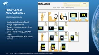 > TaPP'17 > Andreas Schreiber, Regina Struminski • Visualizing Provenance using Comics > 23.06.2017DLR.de • Chart 29
PROV Comics
Web Application
http://provcomics.de
• Implemented in JavaScript
• Single page website
• Reads provenance graph from
PROVSTORE
• Uses PROVSTORE jQuery API
• Code:
http://github.com/DLR-SC/prov-
comics
 