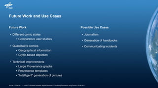 > TaPP'17 > Andreas Schreiber, Regina Struminski • Visualizing Provenance using Comics > 23.06.2017DLR.de • Chart 32
Future Work and Use Cases
Future Work Possible Use Cases
• Different comic styles
• Comparative user studies
• Quantitative comics
• Geographical information
• Glyph-based depiction
• Technical improvements
• Large Provenance graphs
• Provenance templates
• “Intelligent” generation of pictures
• Journalism
• Generation of handbooks
• Communicating incidents
 