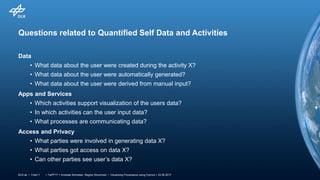 > TaPP'17 > Andreas Schreiber, Regina Struminski • Visualizing Provenance using Comics > 23.06.2017DLR.de • Chart 7
Questions related to Quantified Self Data and Activities
Data
• What data about the user were created during the activity X?
• What data about the user were automatically generated?
• What data about the user were derived from manual input?
Apps and Services
• Which activities support visualization of the users data?
• In which activities can the user input data?
• What processes are communicating data?
Access and Privacy
• What parties were involved in generating data X?
• What parties got access on data X?
• Can other parties see user’s data X?
 