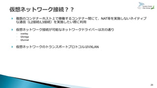 20
 複数のコンテナーホスト上で稼働するコンテナー間にて、NAT等を実施しないネイティブ
な通信（L2接続/L3接続）を実施したい際に利用
 仮想ネットワーク接続が可能なネットワークドライバーは次の通り
◦ overlay
◦ l2bridge
◦ l2tunnel
 仮想ネットワークのトランスポートプロトコルはVXLAN
 