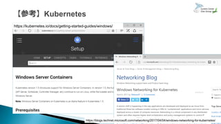 25
https://kubernetes.io/docs/getting-started-guides/windows/
https://blogs.technet.microsoft.com/networking/2017/04/04/windows-networking-for-kubernetes/
 