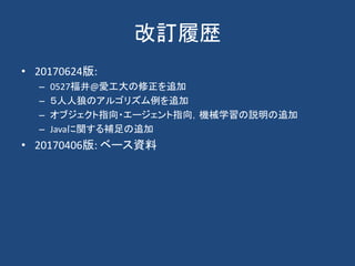 改訂履歴
• 20170624版:
– 0527福井@愛工大の修正を追加
– ５人人狼のアルゴリズム例を追加
– オブジェクト指向・エージェント指向，機械学習の説明の追加
– Javaに関する補足の追加
• 20170406版: ベース資料
 