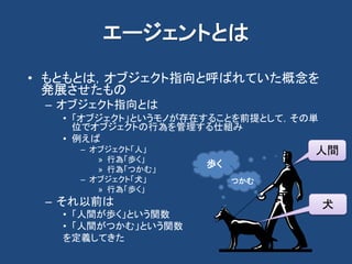 エージェントとは
• もともとは，オブジェクト指向と呼ばれていた概念を
発展させたもの
– オブジェクト指向とは
• 「オブジェクト」というモノが存在することを前提として，その単
位でオブジェクトの行為を管理する仕組み
• 例えば
– オブジェクト「人」
» 行為「歩く」
» 行為「つかむ」
– オブジェクト「犬」
» 行為「歩く」
– それ以前は
• 「人間が歩く」という関数
• 「人間がつかむ」という関数
を定義してきた
人間
犬
歩く歩く
つかむ
 