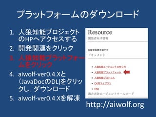 プラットフォームのダウンロード
1. 人狼知能プロジェクト
のHPへアクセスする
2. 開発関連をクリック
3. 人狼知能プラットフォー
ムをクリック
4. aiwolf-ver0.4.Xと
（JavaDocのDL)をクリッ
クし，ダウンロード
5. aiwolf-ver0.4.Xを解凍
http://aiwolf.org
 