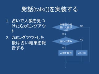 発話(talk())を実装する
1. 占いで人狼を見つ
けたらカミングアウ
ト
2. カミングアウトした
後は占い結果を報
告する
未報告の結
果に人狼が
いる
NO
YES
占いCO済み
占いCO人狼を報告
NO
YES
 
