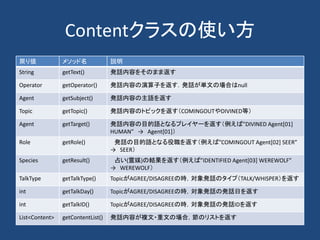 Contentクラスの使い方
戻り値 メソッド名 説明
String getText() 発話内容をそのまま返す
Operator getOperator() 発話内容の演算子を返す．発話が単文の場合はnull
Agent getSubject() 発話内容の主語を返す
Topic getTopic() 発話内容のトピックを返す（COMINGOUTやDIVINED等）
Agent getTarget() 発話内容の目的語となるプレイヤーを返す（例えば”DIVINED Agent[01]
HUMAN” → Agent[01]）
Role getRole() 発話の目的語となる役職を返す（例えば”COMINGOUT Agent[02] SEER”
→ SEER）
Species getResult() 占い(霊媒)の結果を返す（例えば”IDENTIFIED Agent[03] WEREWOLF”
→ WEREWOLF）
TalkType getTalkType() TopicがAGREE/DISAGREEの時，対象発話のタイプ（TALK/WHISPER）を返す
int getTalkDay() TopicがAGREE/DISAGREEの時，対象発話の発話日を返す
int getTalkID() TopicがAGREE/DISAGREEの時，対象発話の発話IDを返す
List<Content> getContentList() 発話内容が複文・重文の場合，節のリストを返す
 