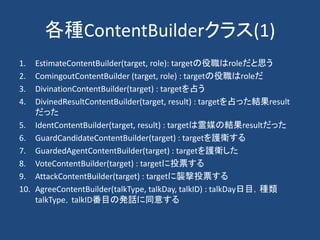 各種ContentBuilderクラス(1)
1. EstimateContentBuilder(target, role): targetの役職はroleだと思う
2. ComingoutContentBuilder (target, role) : targetの役職はroleだ
3. DivinationContentBuilder(target) : targetを占う
4. DivinedResultContentBuilder(target, result) : targetを占った結果result
だった
5. IdentContentBuilder(target, result) : targetは霊媒の結果resultだった
6. GuardCandidateContentBuilder(target) : targetを護衛する
7. GuardedAgentContentBuilder(target) : targetを護衛した
8. VoteContentBuilder(target) : targetに投票する
9. AttackContentBuilder(target) : targetに襲撃投票する
10. AgreeContentBuilder(talkType, talkDay, talkID) : talkDay日目，種類
talkType，talkID番目の発話に同意する
 