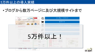 •ブログから数万ページに及び大規模サイトまで
5万件以上の導入実績
ECサイト
イントラサイト・WEB社内報
メディアサイト・企業オウンドメディア
会員制サイト・コミュニティサイト
実績
コーポレートサイト
5万件以上の導入実績
5万件以上！
 