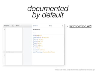 documented
by default
https://us-west-2.api.scaphold.io/graphql/zei-sca-git
+ Introspection API
 