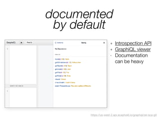 documented
by default
https://us-west-2.api.scaphold.io/graphql/zei-sca-git
+ Introspection API
+ GraphiQL viewer
- Documentation
can be heavy
 