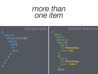 more than
one item
Example Query
{
viewer {
allTeams (first: 2) {
edges {
node {
id
name
}
}
}
}
}
Example Response
{
"data": {
"viewer": {
"allTeams": {
"edges": [{
"node": {
"id": "VGVhbToxNjk=",
"name": "oslo"
}
}, {
"node": {
"id": "VGVhbToxNjg=",
"name": "london"
}
}] } } } }
 