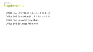 Requirements
Office 365 Enterprise (E1, E3, E4 and E5)
Office 365 Education (E1, E3, E4 and E5)
Office 365 Business Essentials
Office 365 Business Premium
OVERVIEW
 